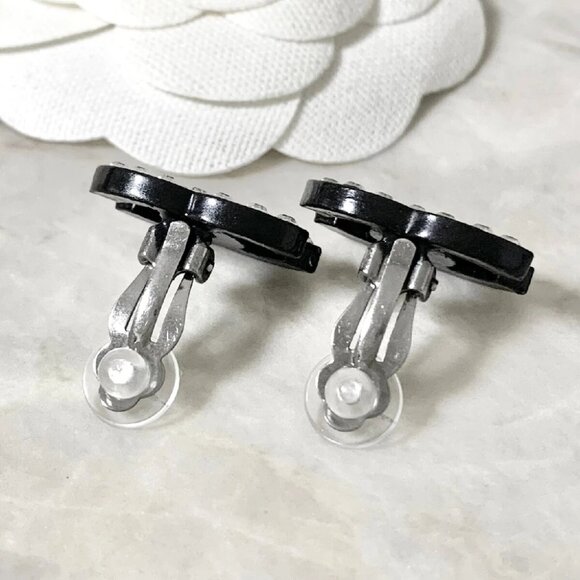 CHANEL Black CC Logos Rhinestone Clip-On Earrings Silver Tone Auth #8474 - Picture 4 of 5